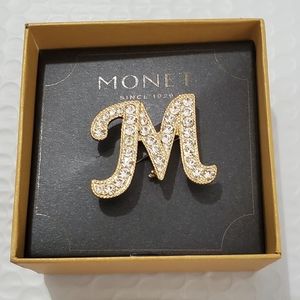 Monet Gold Tone Clear Rhinestone Initial Letter M Brooch Pin-New